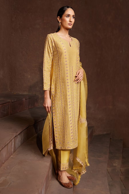 House Of Supriya_Yellow Georgette, Silk Organza Embroidery Split V-neck Hand Kurta Pant Set _Online_at_Aza_Fashions
