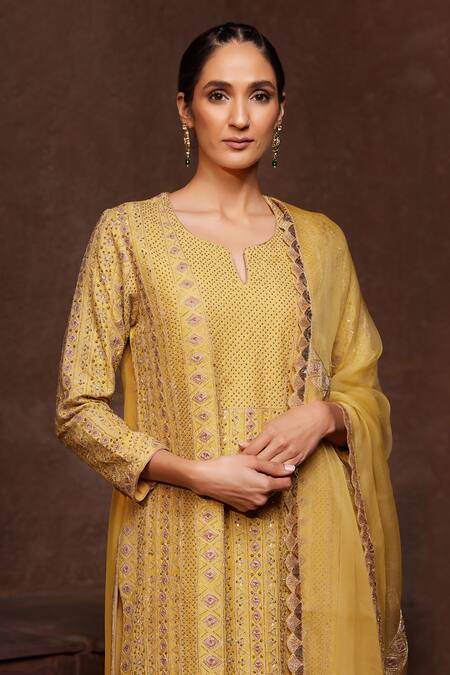 Buy_House Of Supriya_Yellow Georgette, Silk Organza Embroidery Split V-neck Hand Kurta Pant Set _Online_at_Aza_Fashions