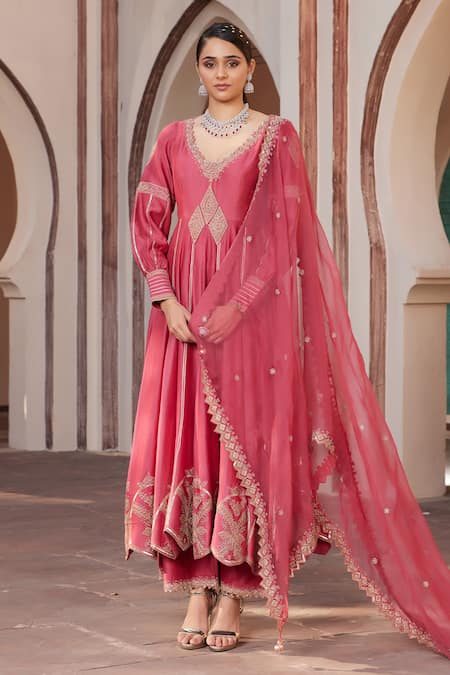 House Of Supriya Pink Brocade, , Organza Embroidery V-neck Hand Anarkali Pant Set