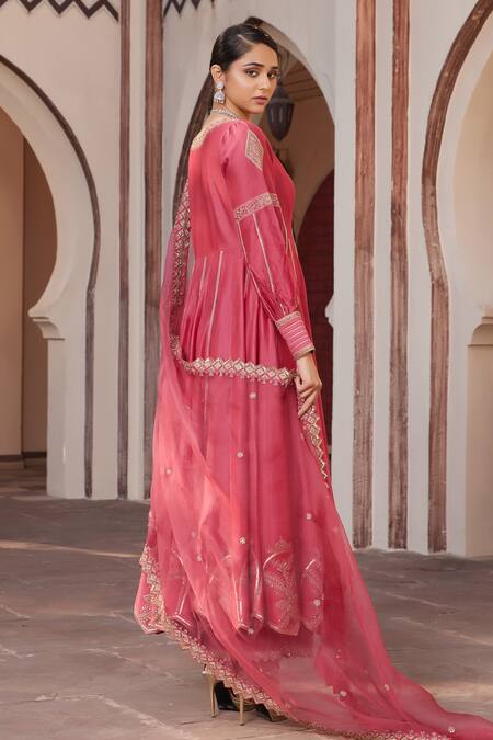 Shop House Of Supriya Pink Brocade, , Organza Embroidery V-neck Hand Anarkali Pant Set at Aza Fashions Shop_House Of Supriya_Pink Brocade, , Organza Embroidery V-neck Hand Anarkali Pant Set _at_Aza_Fashions
