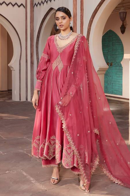 House Of Supriya Pink Brocade, , Organza Embroidery V-neck Hand Anarkali Pant Set Online at Aza Fashions House Of Supriya_Pink Brocade, , Organza Embroidery V-neck Hand Anarkali Pant Set _Online_at_Aza_Fashions