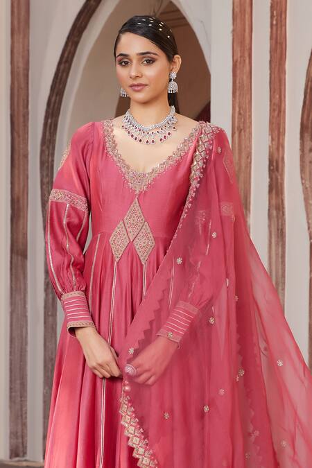 Buy House Of Supriya Pink Brocade, , Organza Embroidery V-neck Hand Anarkali Pant Set Online at Aza Fashions Buy_House Of Supriya_Pink Brocade, , Organza Embroidery V-neck Hand Anarkali Pant Set _Online_at_Aza_Fashions