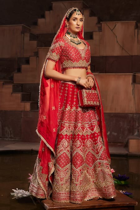 House Of Supriya_Red Silk, Georgette Sequins, Beads, Zari Hand Embroidered Bridal Lehenga Set _Online_at_Aza_Fashions