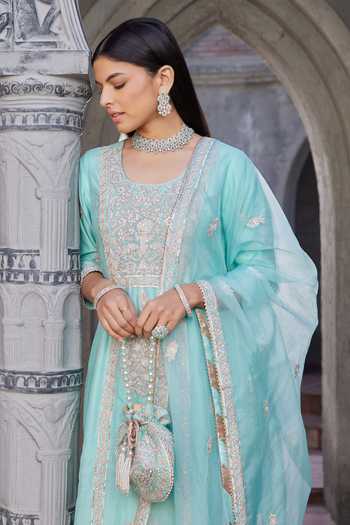 House Of Supriya Blue Silk, Viscose, Nylon Sequins, Embroidery Round Neck Flower Kurta Pant Set Online at Aza Fashions House Of Supriya_Blue Silk, Viscose, Nylon Sequins, Embroidery Round Neck Flower Kurta Pant Set _Online_at_Aza_Fashions