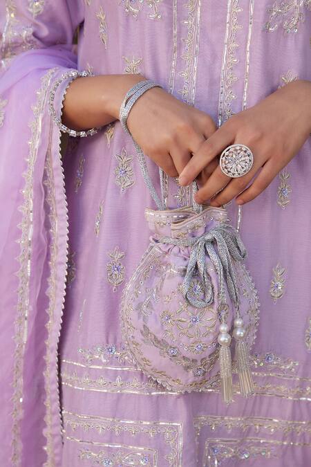 Buy_House Of Supriya_Purple Silk, Viscose, Nylon Sequins, Zari, Flower Bloom Kurta Pant Set _Online_at_Aza_Fashions