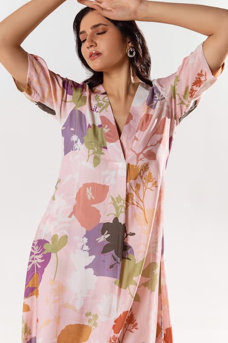 Buy_Aroop Shop India_Pink Cotton, Silk Embroidery V-neck Alara Floral Print Kurta Pant Set _Online_at_Aza_Fashions