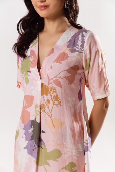 Shop_Aroop Shop India_Pink Cotton, Silk Embroidery V-neck Alara Floral Print Kurta Pant Set _Online_at_Aza_Fashions