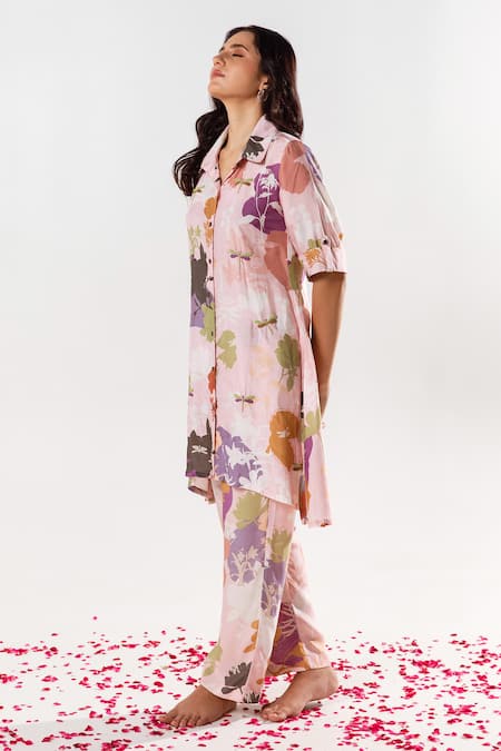 Aroop Shop India_Pink Cotton, Silk Embroidery Collared Floral Print Kurta Pant Set _Online_at_Aza_Fashions