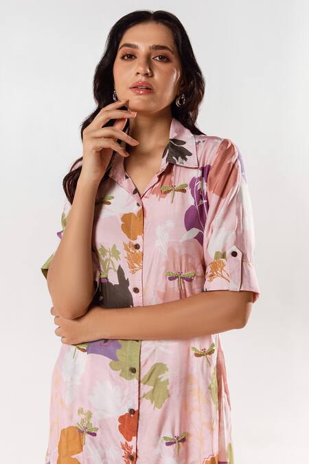 Buy_Aroop Shop India_Pink Cotton, Silk Embroidery Collared Floral Print Kurta Pant Set _Online_at_Aza_Fashions