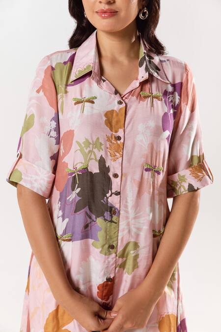 Shop_Aroop Shop India_Pink Cotton, Silk Embroidery Collared Floral Print Kurta Pant Set _Online_at_Aza_Fashions