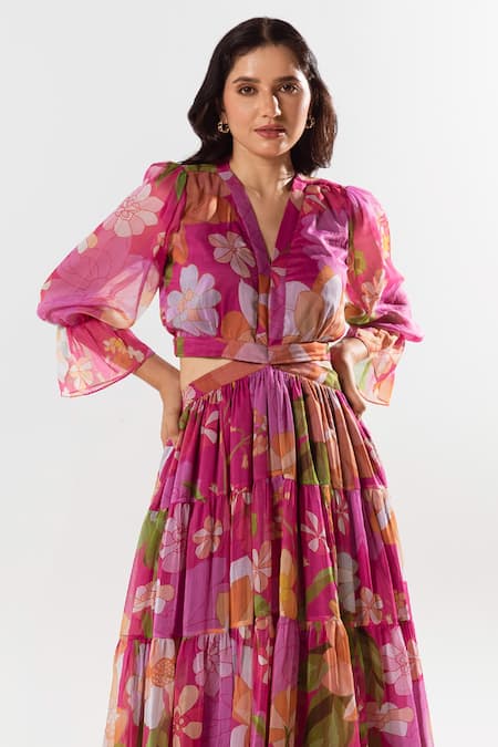 Aroop Shop India Magenta Chiffon V-neck Fluer Printed Maxi Dress Online at Aza Fashions Aroop Shop India_Magenta Chiffon V-neck Fluer Printed Maxi Dress _Online_at_Aza_Fashions