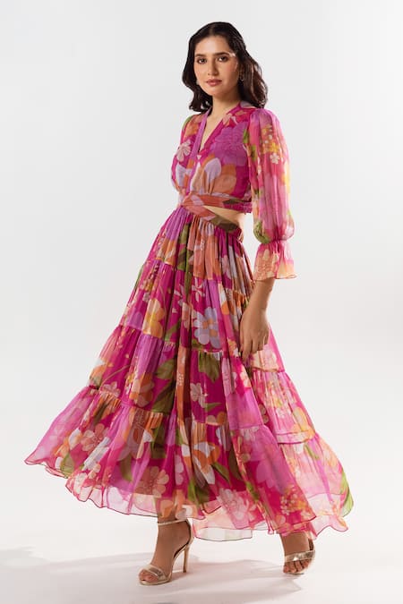 Buy Aroop Shop India Magenta Chiffon V-neck Fluer Printed Maxi Dress Online at Aza Fashions Buy_Aroop Shop India_Magenta Chiffon V-neck Fluer Printed Maxi Dress _Online_at_Aza_Fashions