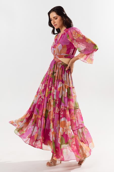 Shop Aroop Shop India Magenta Chiffon V-neck Fluer Printed Maxi Dress Online at Aza Fashions Shop_Aroop Shop India_Magenta Chiffon V-neck Fluer Printed Maxi Dress _Online_at_Aza_Fashions