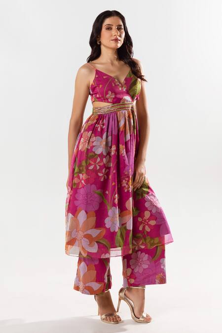 Aroop Shop India Magenta Chiffon Embroidery V-neck Rosalie Floral Print Anarkali Pant Set Online at Aza Fashions Aroop Shop India_Magenta Chiffon Embroidery V-neck Rosalie Floral Print Anarkali Pant Set _Online_at_Aza_Fashions