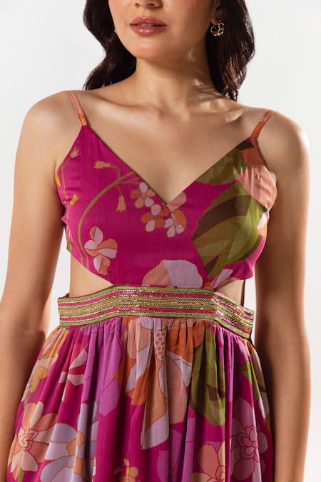 Shop Aroop Shop India Magenta Chiffon Embroidery V-neck Rosalie Floral Print Anarkali Pant Set Online at Aza Fashions Shop_Aroop Shop India_Magenta Chiffon Embroidery V-neck Rosalie Floral Print Anarkali Pant Set _Online_at_Aza_Fashions