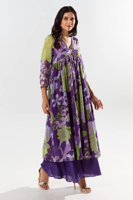 Aroop Shop India Purple Chiffon V-neck Diana Floral Print Kurta Flared Pant Set Online at Aza Fashions Aroop Shop India_Purple Chiffon V-neck Diana Floral Print Kurta Flared Pant Set _Online_at_Aza_Fashions