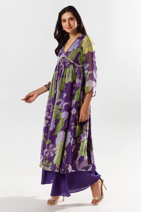Buy Aroop Shop India Purple Chiffon V-neck Diana Floral Print Kurta Flared Pant Set Online at Aza Fashions Buy_Aroop Shop India_Purple Chiffon V-neck Diana Floral Print Kurta Flared Pant Set _Online_at_Aza_Fashions