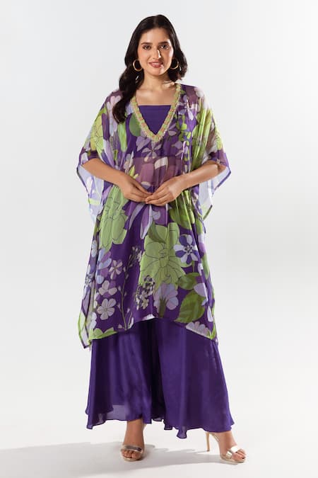 Aroop Shop India Purple Chiffon Embroidery V-neck Mireya Printed Kurta Pant Set 