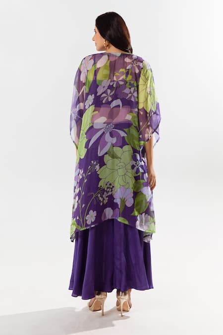 Shop Aroop Shop India Purple Chiffon Embroidery V-neck Mireya Printed Kurta Pant Set at Aza Fashions Shop_Aroop Shop India_Purple Chiffon Embroidery V-neck Mireya Printed Kurta Pant Set _at_Aza_Fashions
