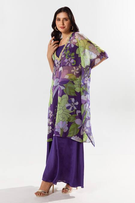 Aroop Shop India Purple Chiffon Embroidery V-neck Mireya Printed Kurta Pant Set Online at Aza Fashions Aroop Shop India_Purple Chiffon Embroidery V-neck Mireya Printed Kurta Pant Set _Online_at_Aza_Fashions