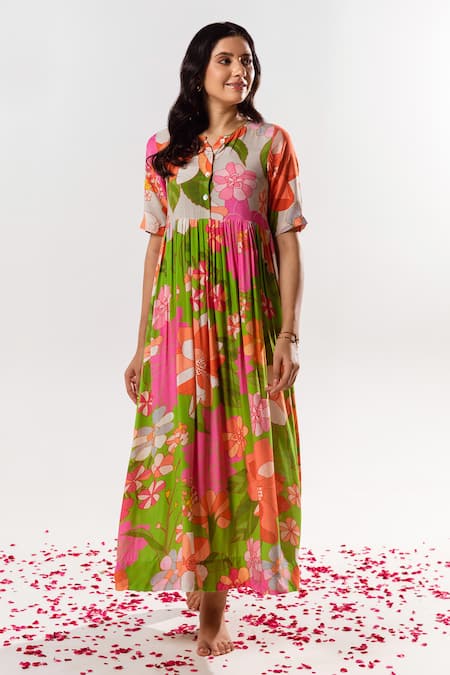 Aroop Shop India_Multi Color Cotton, Silk Collared Emilia Printed Maxi Dress _Online_at_Aza_Fashions