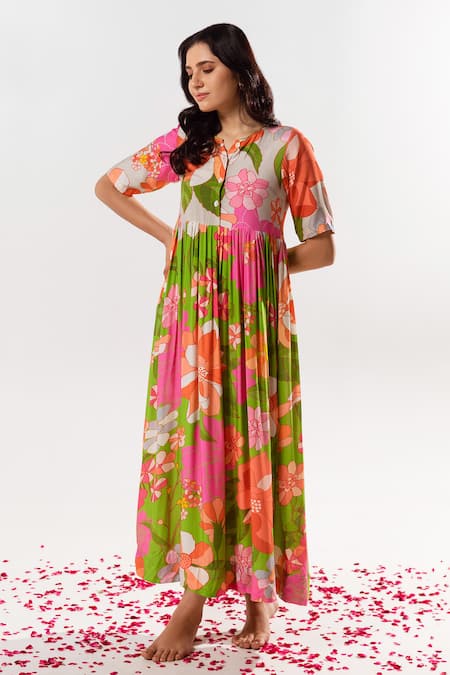 Buy_Aroop Shop India_Multi Color Cotton, Silk Collared Emilia Printed Maxi Dress _Online_at_Aza_Fashions