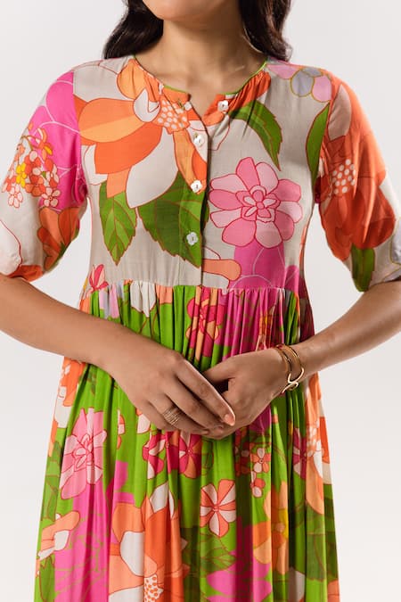 Aroop Shop India_Multi Color Cotton, Silk Collared Emilia Printed Maxi Dress _at_Aza_Fashions