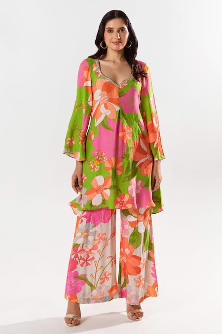 Aroop Shop India_Multi Color Cotton, Silk Embroidery Marnie Floral Print Kurta Pant Set _Online_at_Aza_Fashions