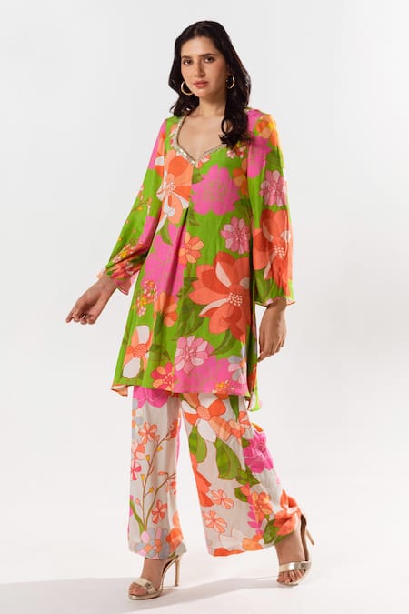 Buy_Aroop Shop India_Multi Color Cotton, Silk Embroidery Marnie Floral Print Kurta Pant Set _Online_at_Aza_Fashions