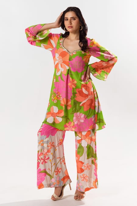 Shop_Aroop Shop India_Multi Color Cotton, Silk Embroidery Marnie Floral Print Kurta Pant Set _Online_at_Aza_Fashions