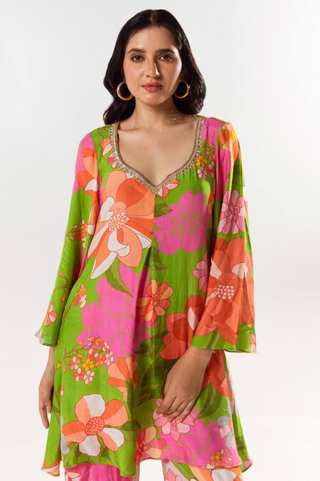 Aroop Shop India_Multi Color Cotton, Silk Embroidery Marnie Floral Print Kurta Pant Set _at_Aza_Fashions