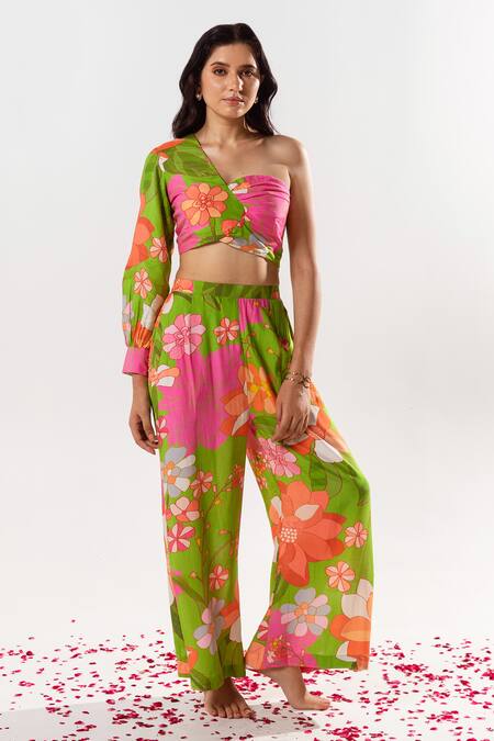Aroop Shop India_Multi Color Cotton, Silk One Shoulder Alyssa Printed Top And Pant Set _Online_at_Aza_Fashions