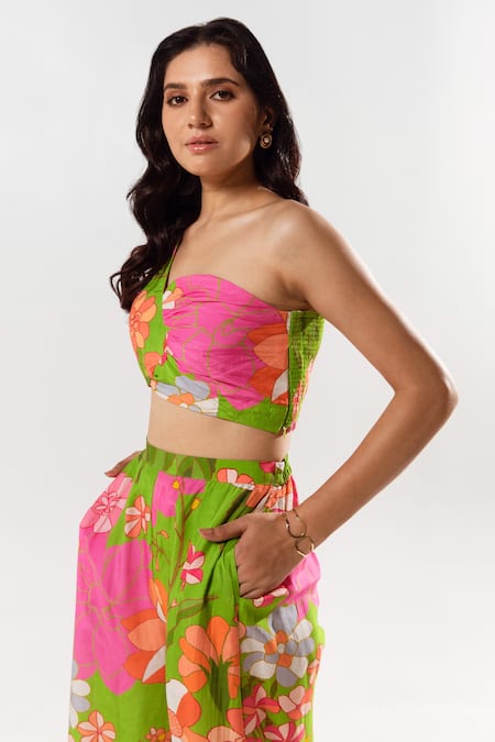 Buy_Aroop Shop India_Multi Color Cotton, Silk One Shoulder Alyssa Printed Top And Pant Set _Online_at_Aza_Fashions