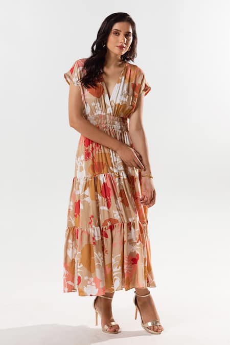 Buy Aroop Shop India Beige Cotton, Silk Embroidery V-neck Luciq Tiered Floral Print Maxi Dress Online at Aza Fashions Buy_Aroop Shop India_Beige Cotton, Silk Embroidery V-neck Luciq Tiered Floral Print Maxi Dress _Online_at_Aza_Fashions