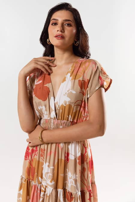 Shop Aroop Shop India Beige Cotton, Silk Embroidery V-neck Luciq Tiered Floral Print Maxi Dress Online at Aza Fashions Shop_Aroop Shop India_Beige Cotton, Silk Embroidery V-neck Luciq Tiered Floral Print Maxi Dress _Online_at_Aza_Fashions