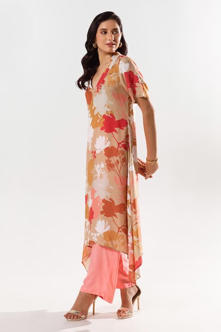 Buy_Aroop Shop India_Beige Cotton, Silk V-neck Miley Bloom Print Asymmetric Kurta With Pant _Online_at_Aza_Fashions