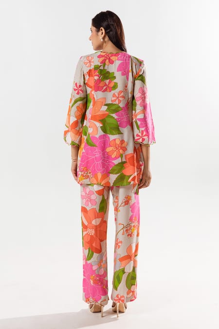 Aroop Shop India_Multi Color Cotton, Silk Embroidery V-neck Helena Blossom Print Top With Pant _Online_at_Aza_Fashions