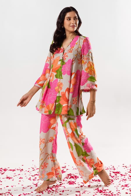 Buy_Aroop Shop India_Multi Color Cotton, Silk Embroidery V-neck Helena Blossom Print Top With Pant _Online_at_Aza_Fashions