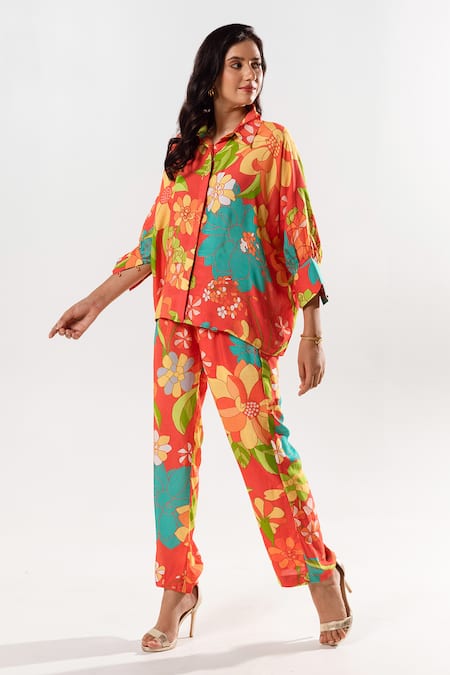 Shop Aroop Shop India Red Cotton, Silk Collared Lyra Flora Garden Print Shirt With Pant at Aza Fashions Shop_Aroop Shop India_Red Cotton, Silk Collared Lyra Flora Garden Print Shirt With Pant _at_Aza_Fashions