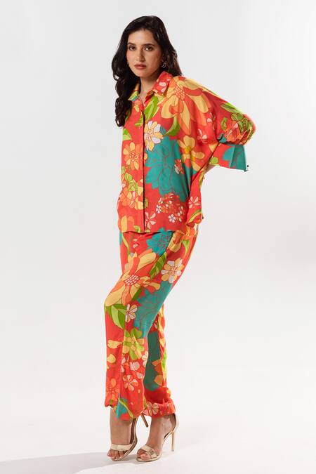 Aroop Shop India Red Cotton, Silk Collared Lyra Flora Garden Print Shirt With Pant Online at Aza Fashions Aroop Shop India_Red Cotton, Silk Collared Lyra Flora Garden Print Shirt With Pant _Online_at_Aza_Fashions