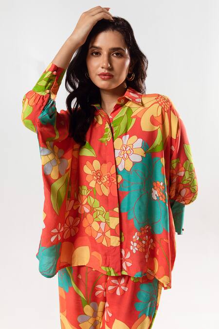 Buy Aroop Shop India Red Cotton, Silk Collared Lyra Flora Garden Print Shirt With Pant Online at Aza Fashions Buy_Aroop Shop India_Red Cotton, Silk Collared Lyra Flora Garden Print Shirt With Pant _Online_at_Aza_Fashions
