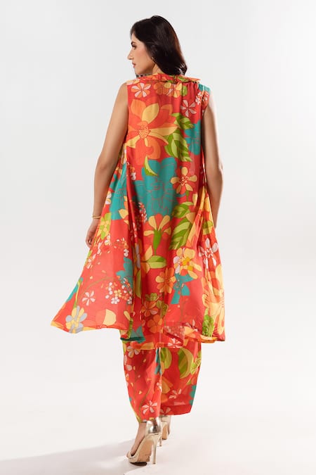 Shop Aroop Shop India Red Cotton, Silk Square , Scoop Elora Flowery Print Jacket Pant Set at Aza Fashions Shop_Aroop Shop India_Red Cotton, Silk Square , Scoop Elora Flowery Print Jacket Pant Set _at_Aza_Fashions