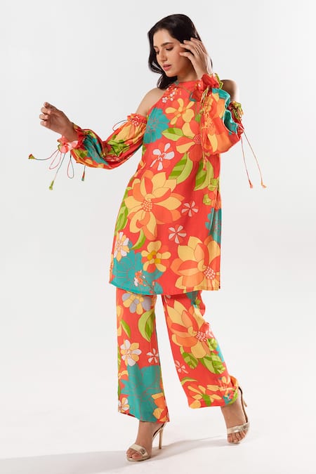 Aroop Shop India_Red Cotton, Silk Halter Neck Kimi Flora Bloom Print Top With Pant _Online_at_Aza_Fashions