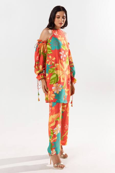 Buy_Aroop Shop India_Red Cotton, Silk Halter Neck Kimi Flora Bloom Print Top With Pant _Online_at_Aza_Fashions