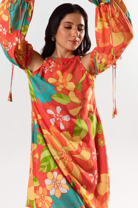 Shop_Aroop Shop India_Red Cotton, Silk Halter Neck Kimi Flora Bloom Print Top With Pant _Online_at_Aza_Fashions