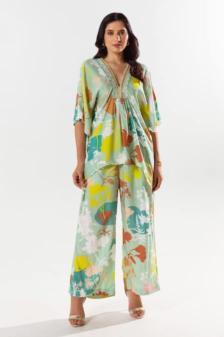 Aroop Shop India Luna Gardenia Print Kaftan Top With Pant 