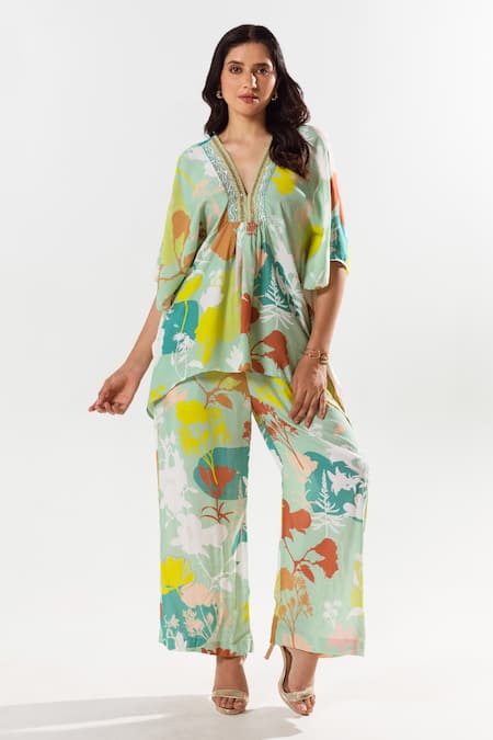 Aroop Shop India_Green Cotton, Silk Embroidery V-neck Luna Gardenia Print Kaftan Top With Pant _Online_at_Aza_Fashions