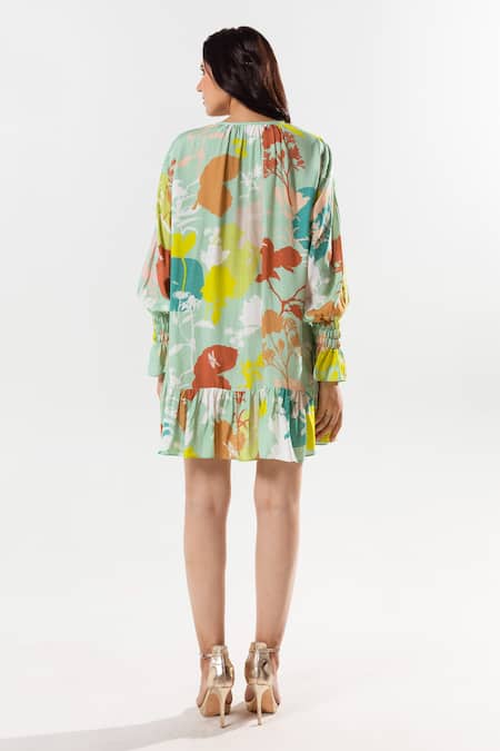Shop Aroop Shop India Green Cotton, Silk Boat Neck Etsu Gardenia Bloom Print Dress at Aza Fashions Shop_Aroop Shop India_Green Cotton, Silk Boat Neck Etsu Gardenia Bloom Print Dress _at_Aza_Fashions
