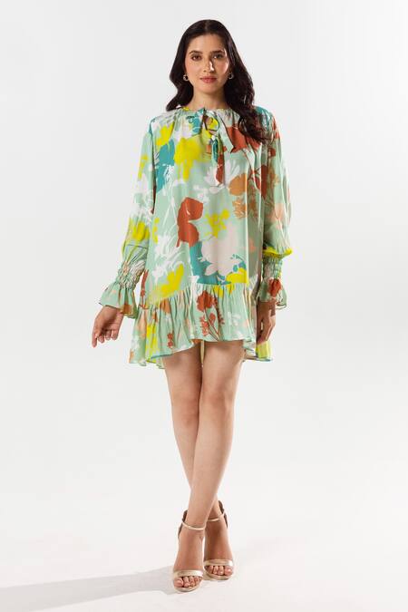 Aroop Shop India Green Cotton, Silk Boat Neck Etsu Gardenia Bloom Print Dress Online at Aza Fashions Aroop Shop India_Green Cotton, Silk Boat Neck Etsu Gardenia Bloom Print Dress _Online_at_Aza_Fashions