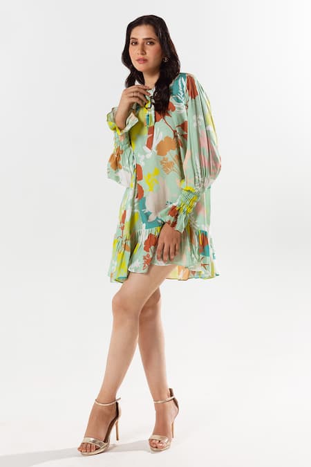 Buy Aroop Shop India Green Cotton, Silk Boat Neck Etsu Gardenia Bloom Print Dress Online at Aza Fashions Buy_Aroop Shop India_Green Cotton, Silk Boat Neck Etsu Gardenia Bloom Print Dress _Online_at_Aza_Fashions